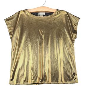 Vintage Joanna Metallic Gold Blouse Womens Size Small Short Sleeve Shiny